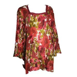 AVENUE Red Green White Floral Pleated Pullover Top Womens Plus Size 26/28